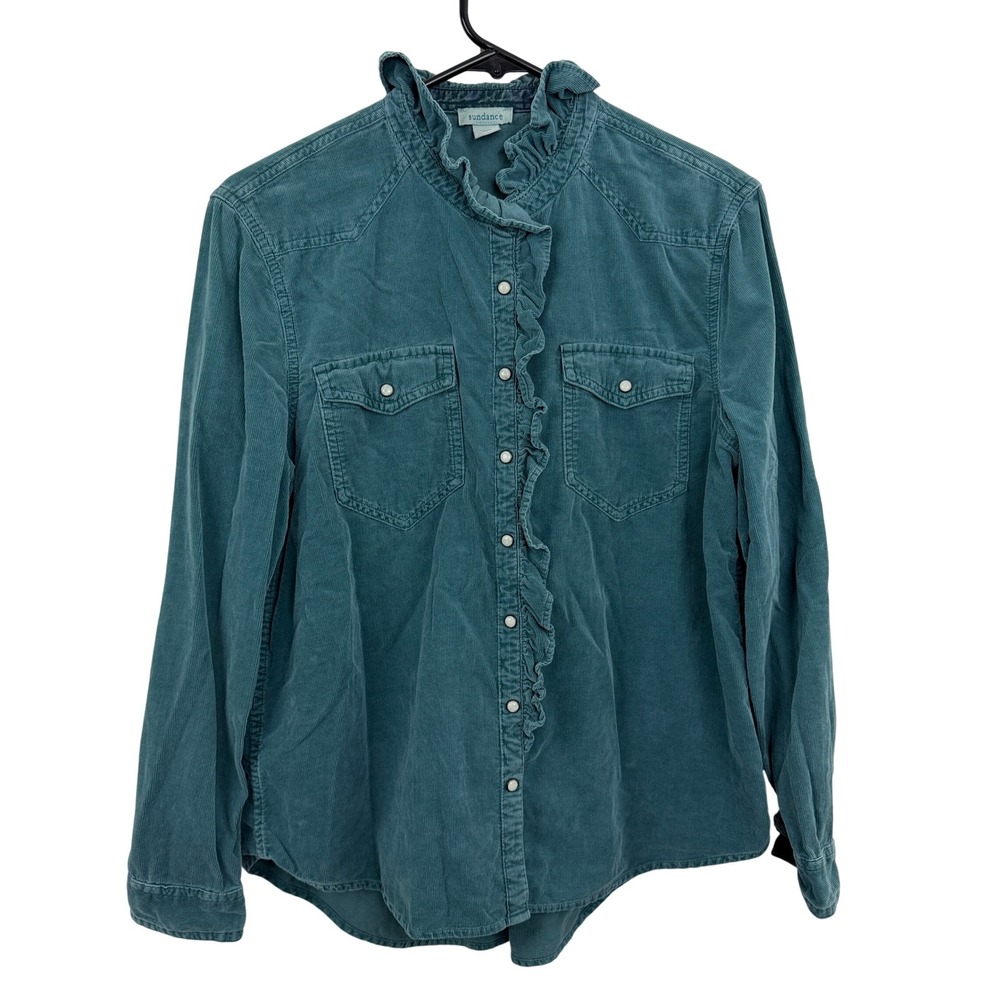 Sundance Shirt Womens Small Teal Corduroy Ruffle Pearl Snap Western Ombeline
